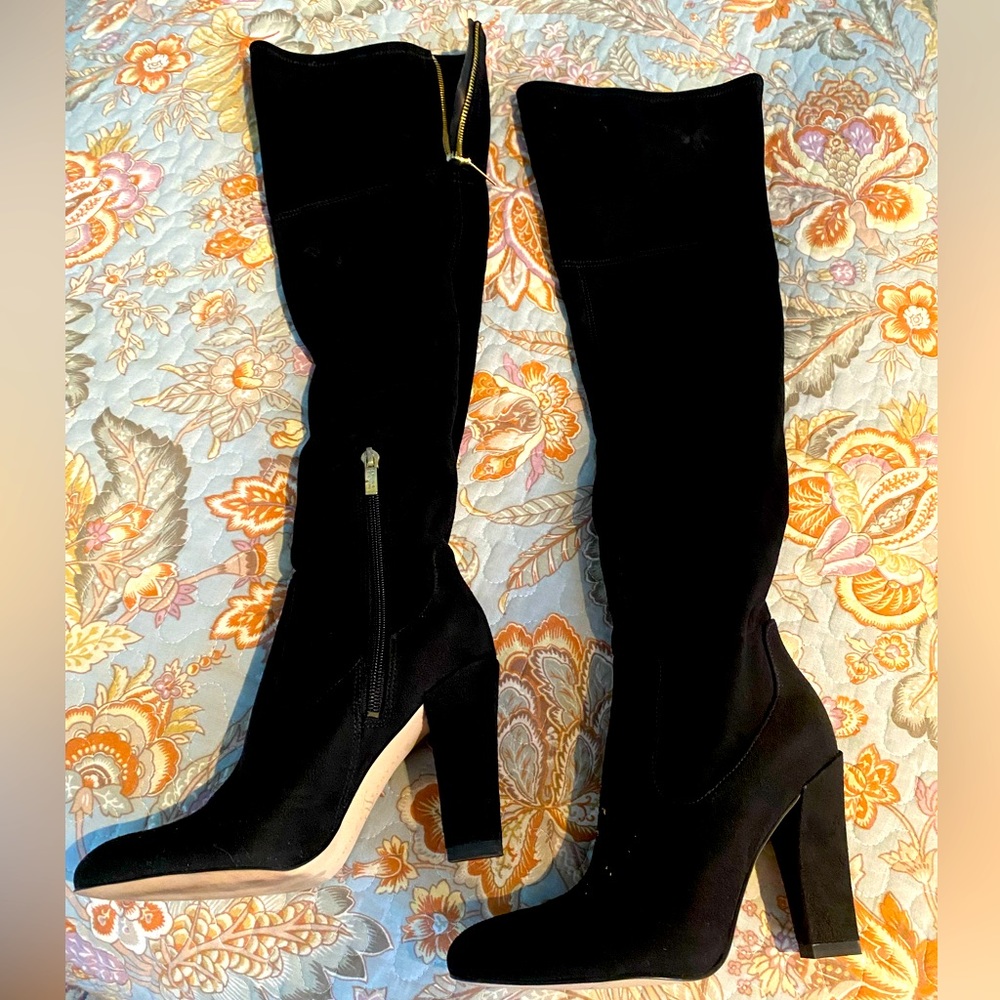 Serena high heeled black suede over the knee dress boot